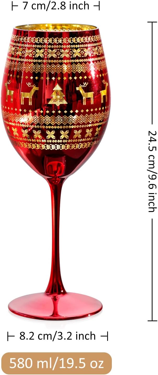 Joeyan Christmas Wine Glasses with Stem, 19.5 oz Large Burgundy Wine Glasses, Red Handmade Wine Glass Tumblers, Xmas Tree Elk and Snowflake Patterned, Set of 2, Great for Christmas and Gifts - Image 7