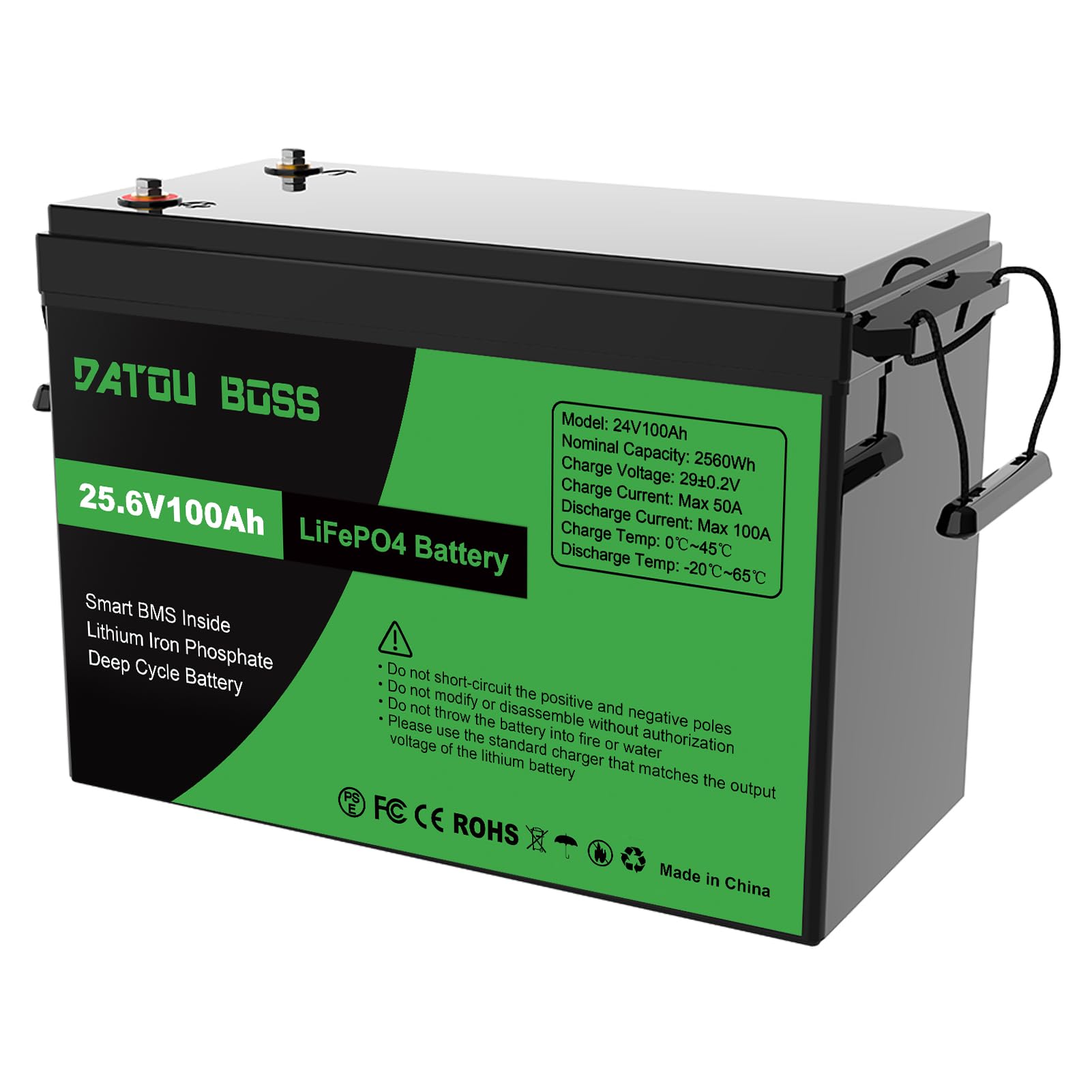 DATOUBOSS Batería de Litio LiFePO4 de 24V 100Ah, BMS Integrado de 100A, hasta 15 000 Ciclos Profundos, Salida Máxima de 2560Wh, Compatible con Conexión en Serie/Paralelo, para Camper, Sistema Solar