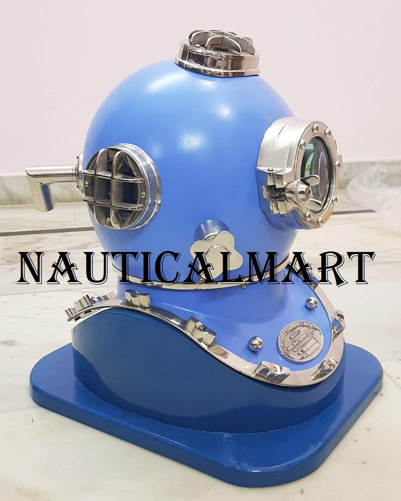 NauticalMart Hand Crafted Blue Copper Scuba Morse Boston Brass Diving Helmet US Navy Divers Helmet with Heavy Duty Wooden Stand