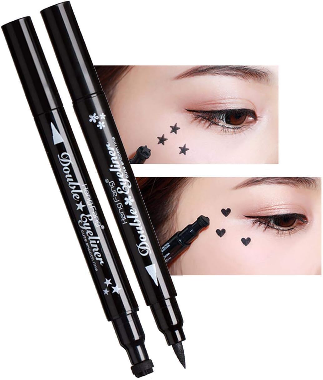 Pencil Semi-Matte Eyeliner Stamp Wingliner,Dual-Ended Eye liner Stamp,Waterproof Long Lasting Heart & Star Shape Stamps Tattoo Eyeliner Makeup Tools For Women Girl Star,1-Pcs,Black