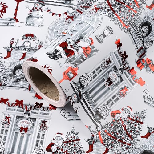 WRAPAHOLIC Vintage Christmas Wrapping Paper - Mini Roll - 17 Inch x 16.5 Feet - Red Foil Watercolor Santa Claus, Snowman and Retro Christmas Scene Design for Xmas Holiday, Party Celebration