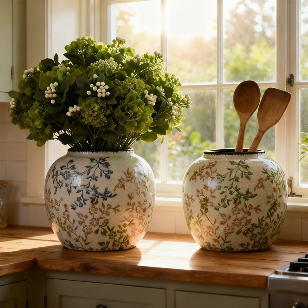 Blue and White Vase, Ceramic Chinoiserie Vase for Home Decor, Vintage Blue Floral Porcelain Vases, Farmhouse Pottery Flower Vase for Living Room Kitchen Table Shelf Mantel, Blue and White Decor Accent - Image 7