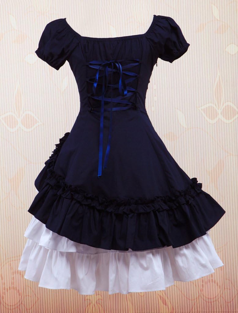 Hugme Cotton Short Sleeves Ruffle Bow Classic Lolita Dress Dark Navy