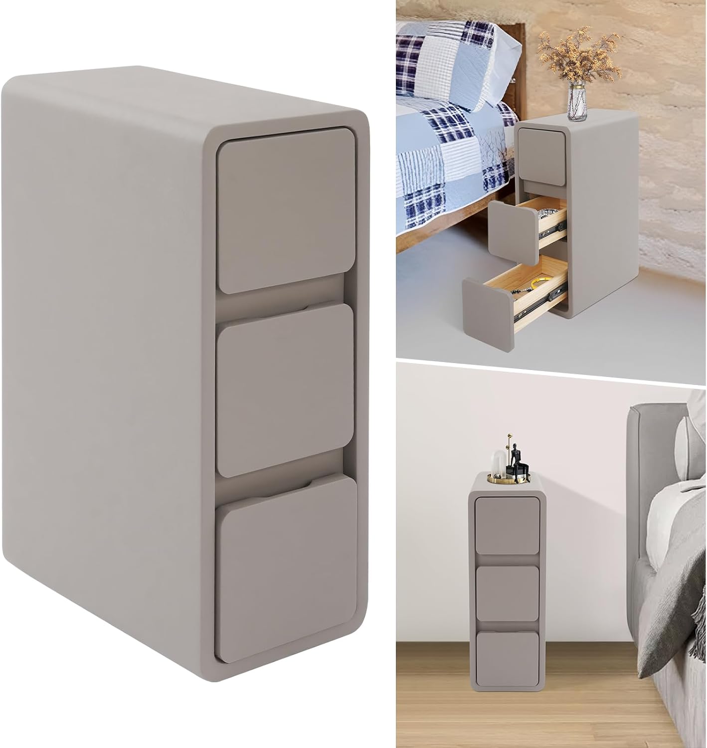 3-Layers Narrow Nightstand, Solid Wood Bedside Table with Drawers, Modern Night Stand with Top Storage Platform, PU Wrapping Side End Table for Bedroom Living Room Office (Dark Grey)