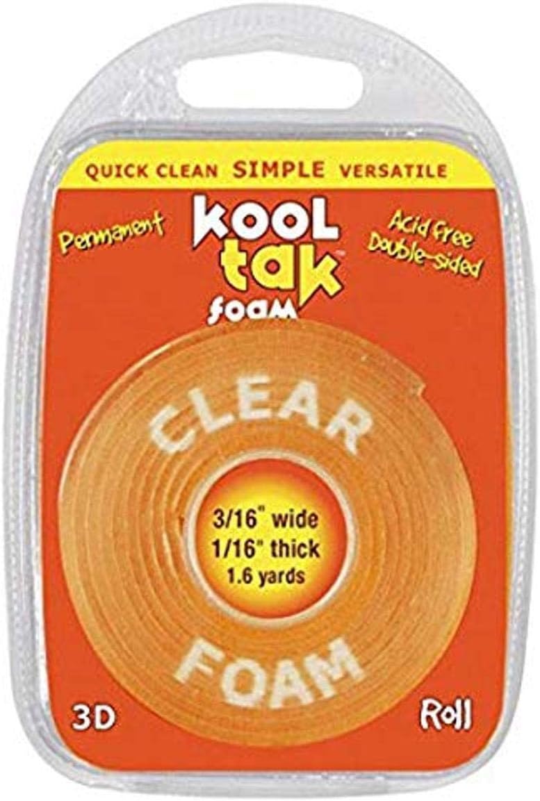 KOOL TAK Clear Foam Roll Tape, 3/16-Inch by 1/16-Inch by 1.6-Yard