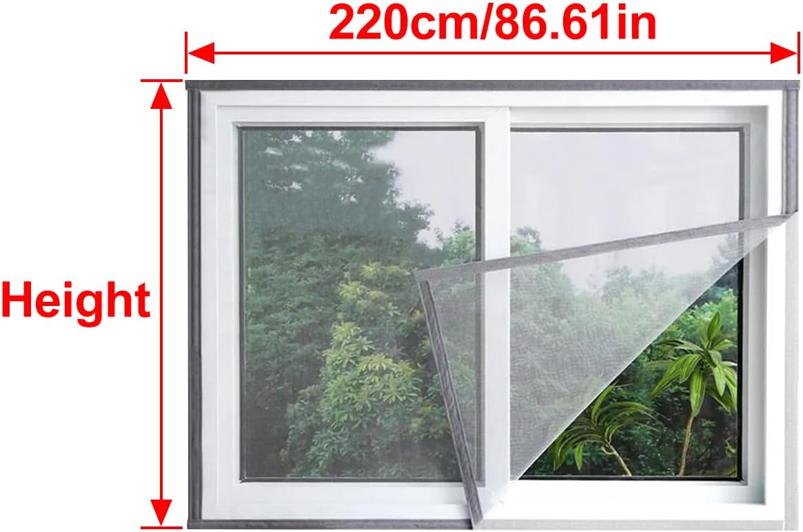 Adjustable Gray Window Screen Mesh, Window Screens with Hook and Loop Self-Adhesive Tape for House - 86.6x59in