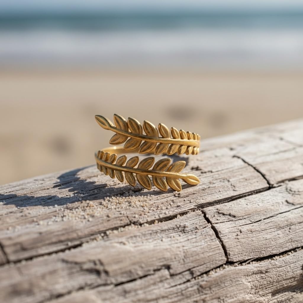18K Yellow Gold Plated Leaf Wrap Ring for Women, Boho Nature-Inspired Branch Design, Adjustable Wrap Band, Gold Plated over Stainless Steel, Tarnish Resistant, Adjustable to Sizes 6-9