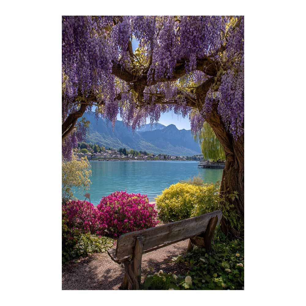 XENIOU landscape poster Wisteria Lake Bench modern canvas wall art, decorative paintings, canvas painting wall art for Home Decor.(Multicolor)-40x60cm Unframed