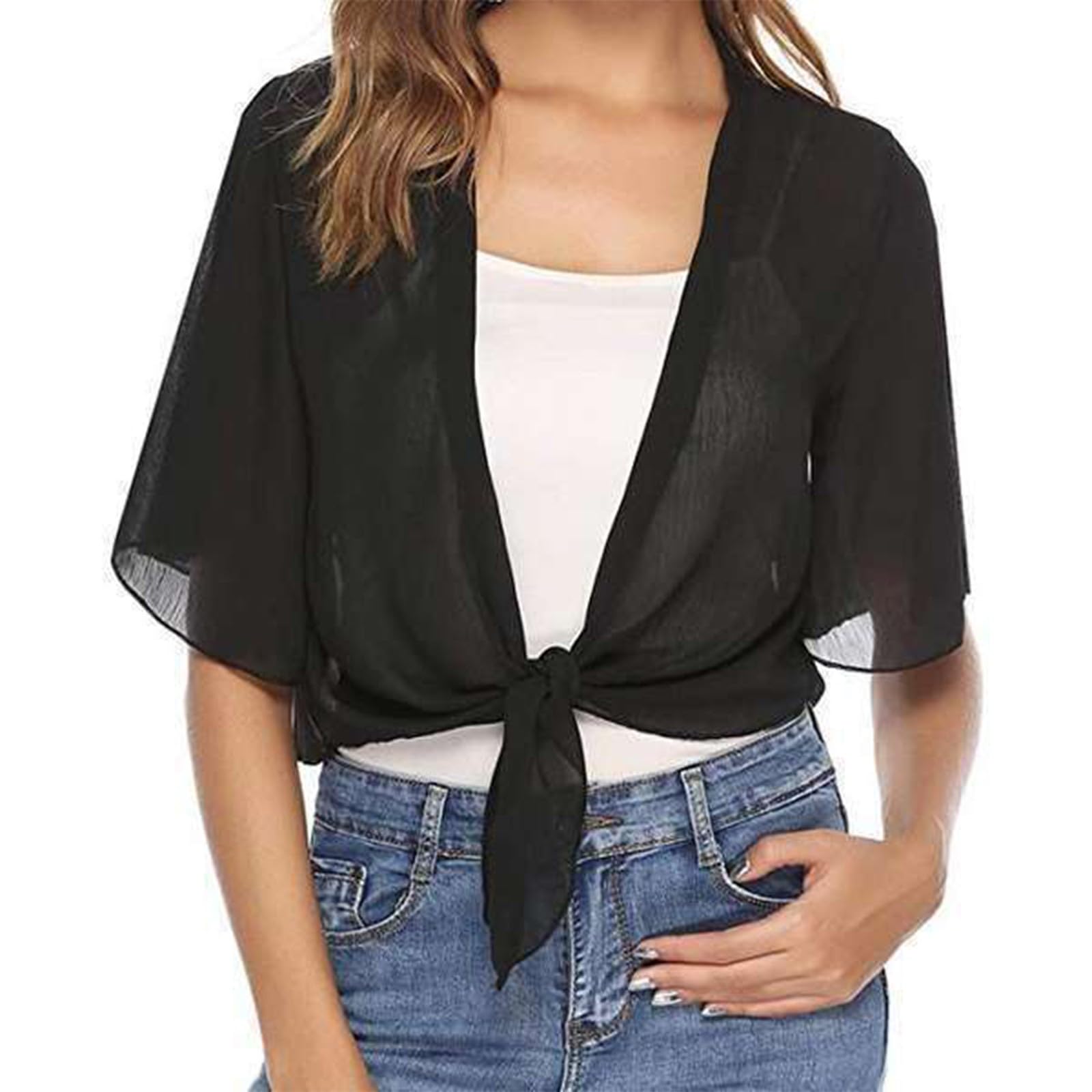 Womens Shrugs Chiffon Shawl Wraps Open Front Sheer Tie Top Cardigan Summer Lightweight Cropped Short Sleeve Bolero