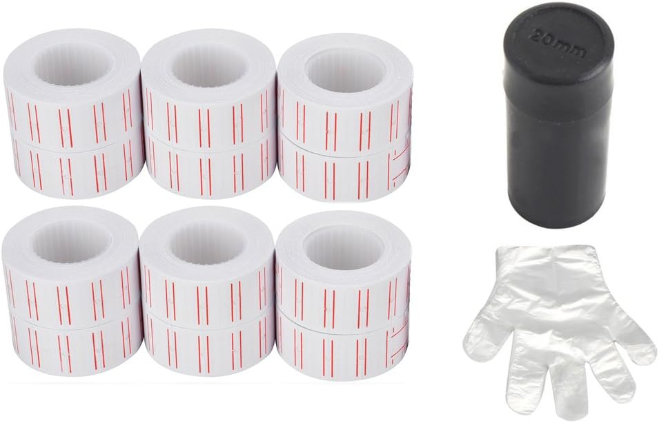 MFLABEL 12 Rolls 7200 White Price Gun Labels for Mx-5500 - with Double Red Line Visibility, Refill Ink Roll & Disposable Gloves for Easy Loading