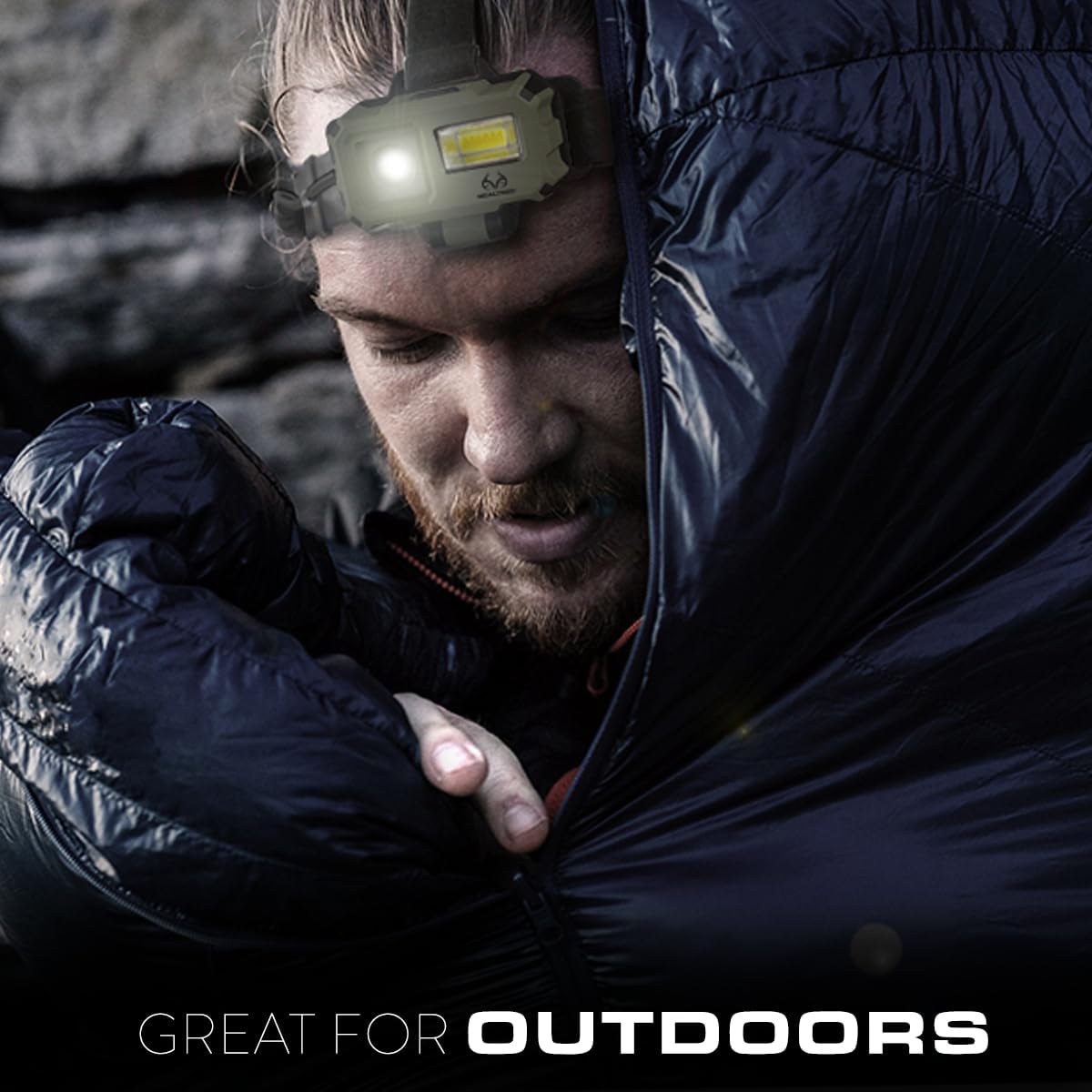 Man using headlamp outdoors at night.
