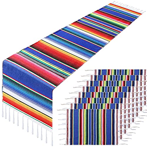 Mexican Table Runner with Place Mats Serape Table Runner Cinco de Mayo Place Mats for Cinco de Mayo Mexican Fiesta Party Wedding Decoration (Dark Blue,9 Pieces)