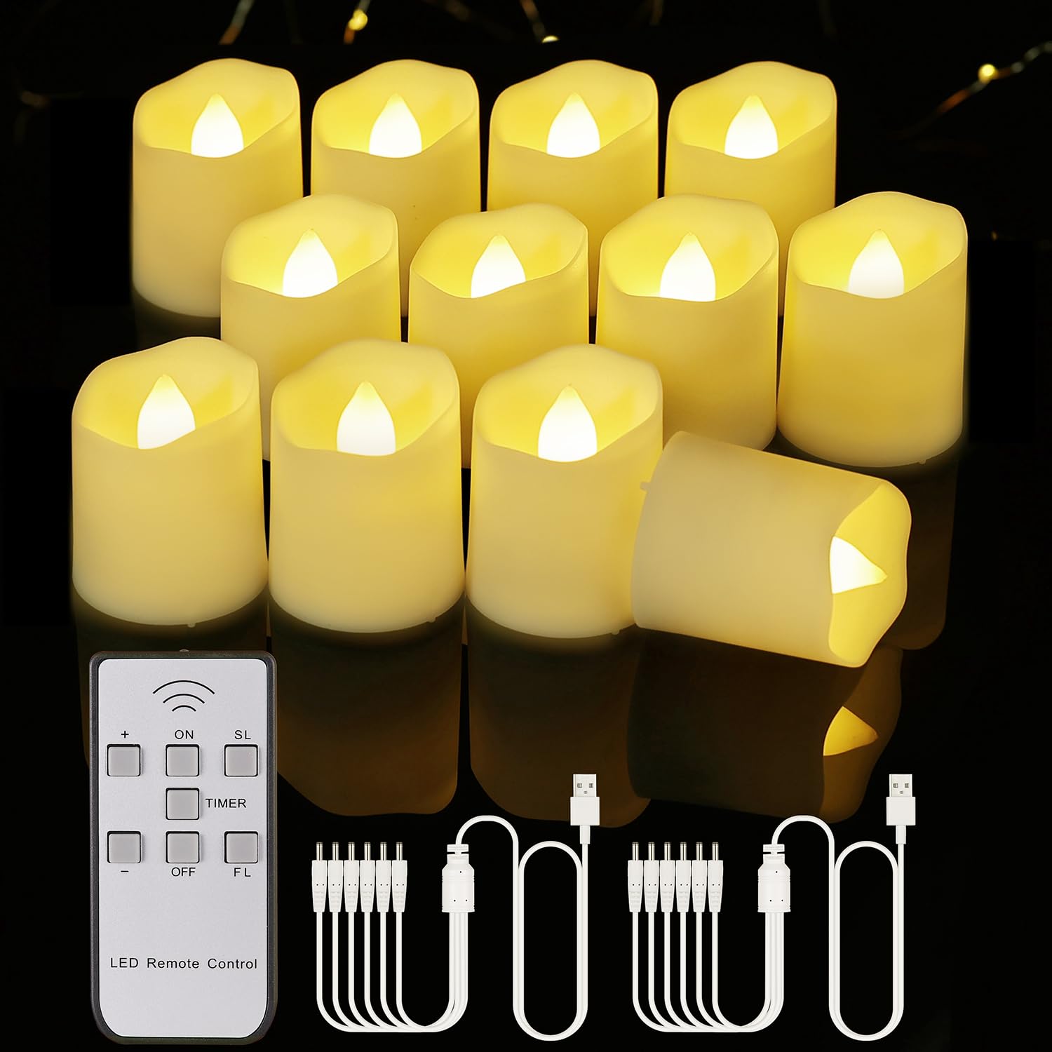 BOWKA 12 PC recargable LED Candelitas Vela RGB cálido con mando a distancia - Flameless temporizador regulable- Con cable USB - Para Navidad, fiestas, bodas, Halloween, Deco (blanco cálido)