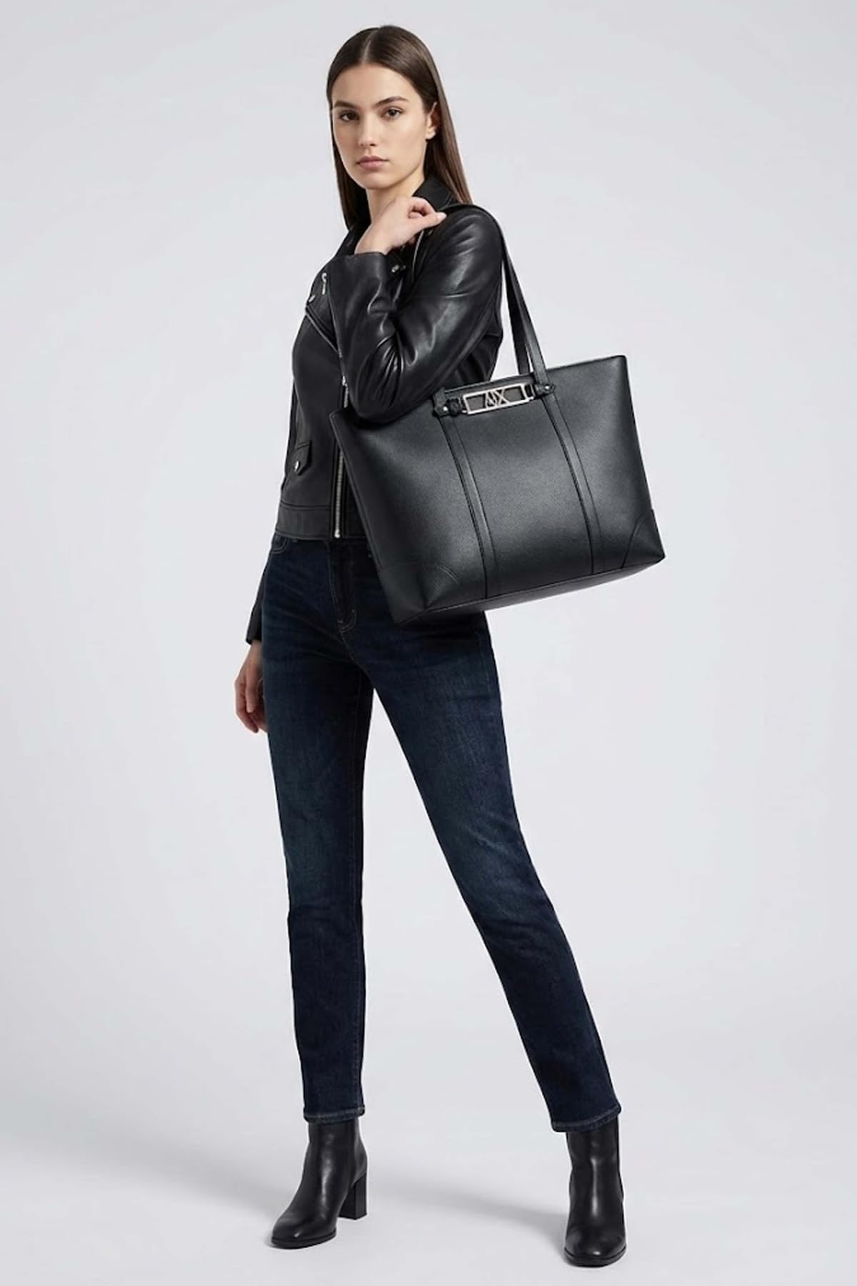 Armani Exchange Polly, Gold Logo Plate, Shoulder Strap, Shopping Bag Donna, Nero