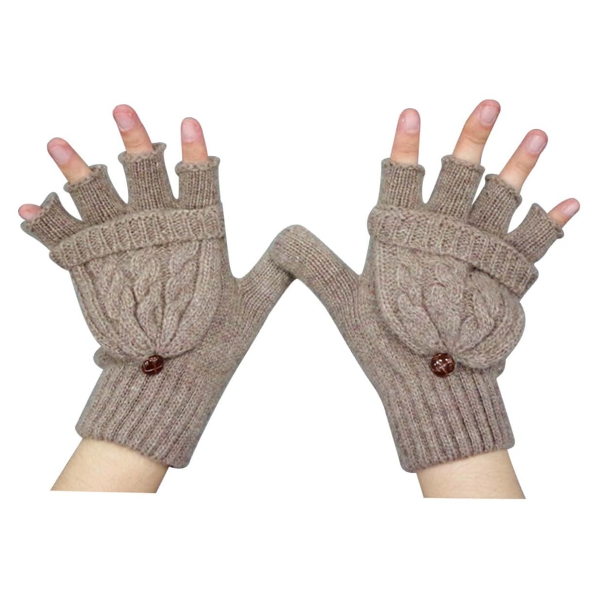LIFKOME 3piezas Guantes De Lana Cálidos y Convertibles Para Mujer Con Cubierta De Mitón Sin Dedos Trenzado Color Marrón Para Frío