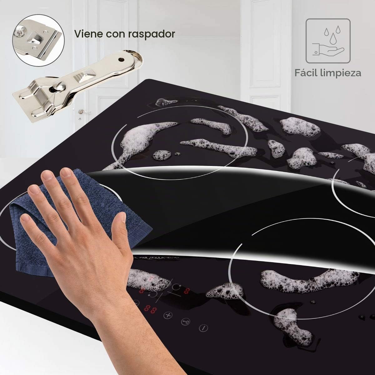 NOXTON Placa de induccion 3 fuegos, Integrada (60 cm), Función boost, 9 Potencias nominales, Temporizador, Control táctil, 220V ~ 240V, 5500 W, Sin enchufe.