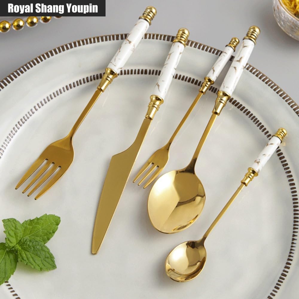 Manico in Ceramica Cucina Acciaio Inossidabile Posate Stoviglie Posate Set Coltello Da Bistecca Forchetta Cucchiaio Cucchiaino (White,20 pieces)