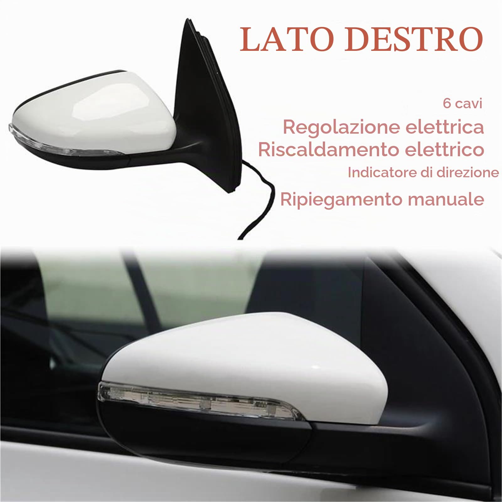 Gruppo Specchietto Retrovisore Specchietto Retrovisore Laterale Destro 6 Fili Per Golf Per MK6 2009-2012 Con Regolazione Elettrica/riscaldamento Bianco(Giusto)