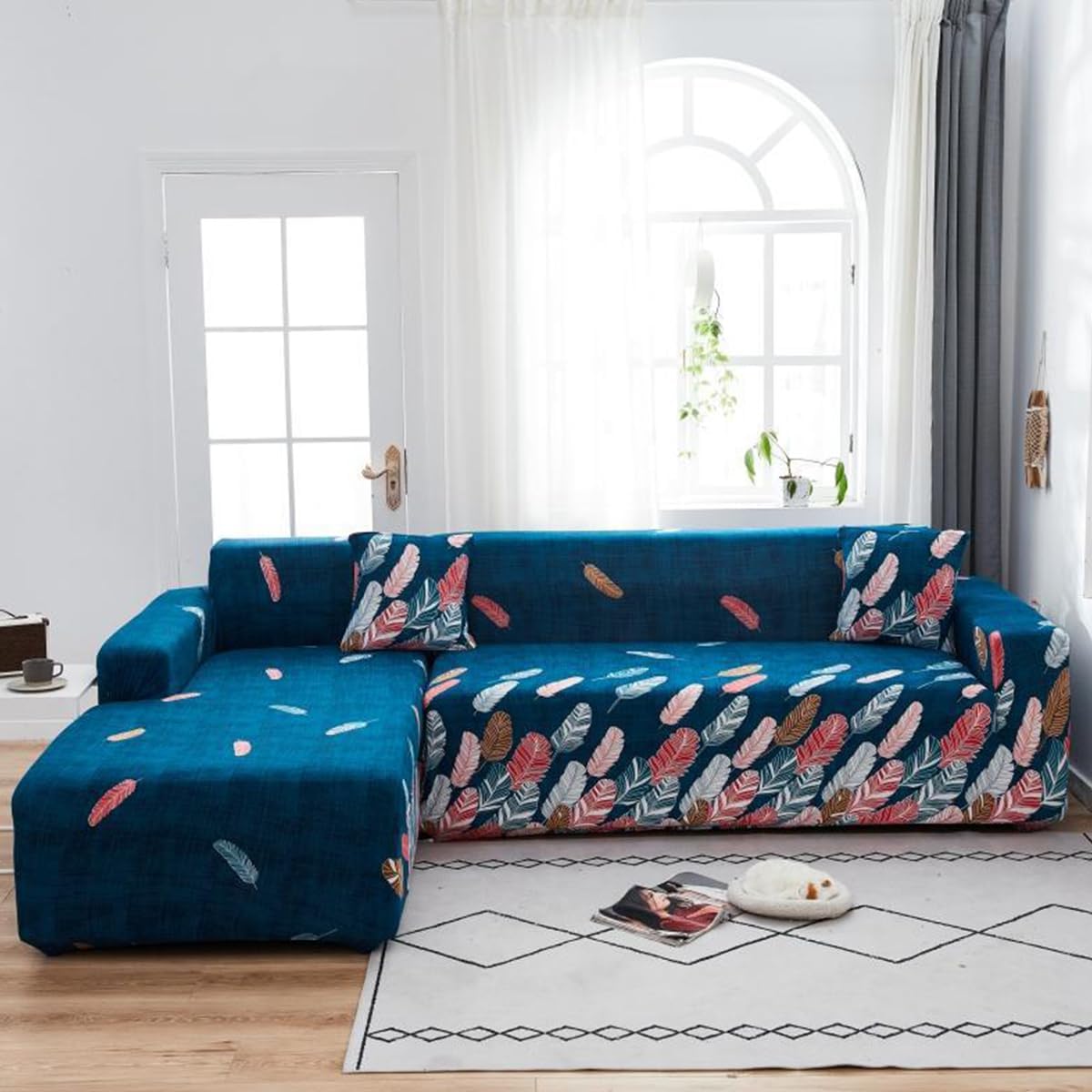 Stretch L Shape subsection Sofa Cover for 1/2/3/4 Seater Sofa with Elastic Strap Couch Cover Furniture Protector for Kids,Pets 2 piece3+4 seat