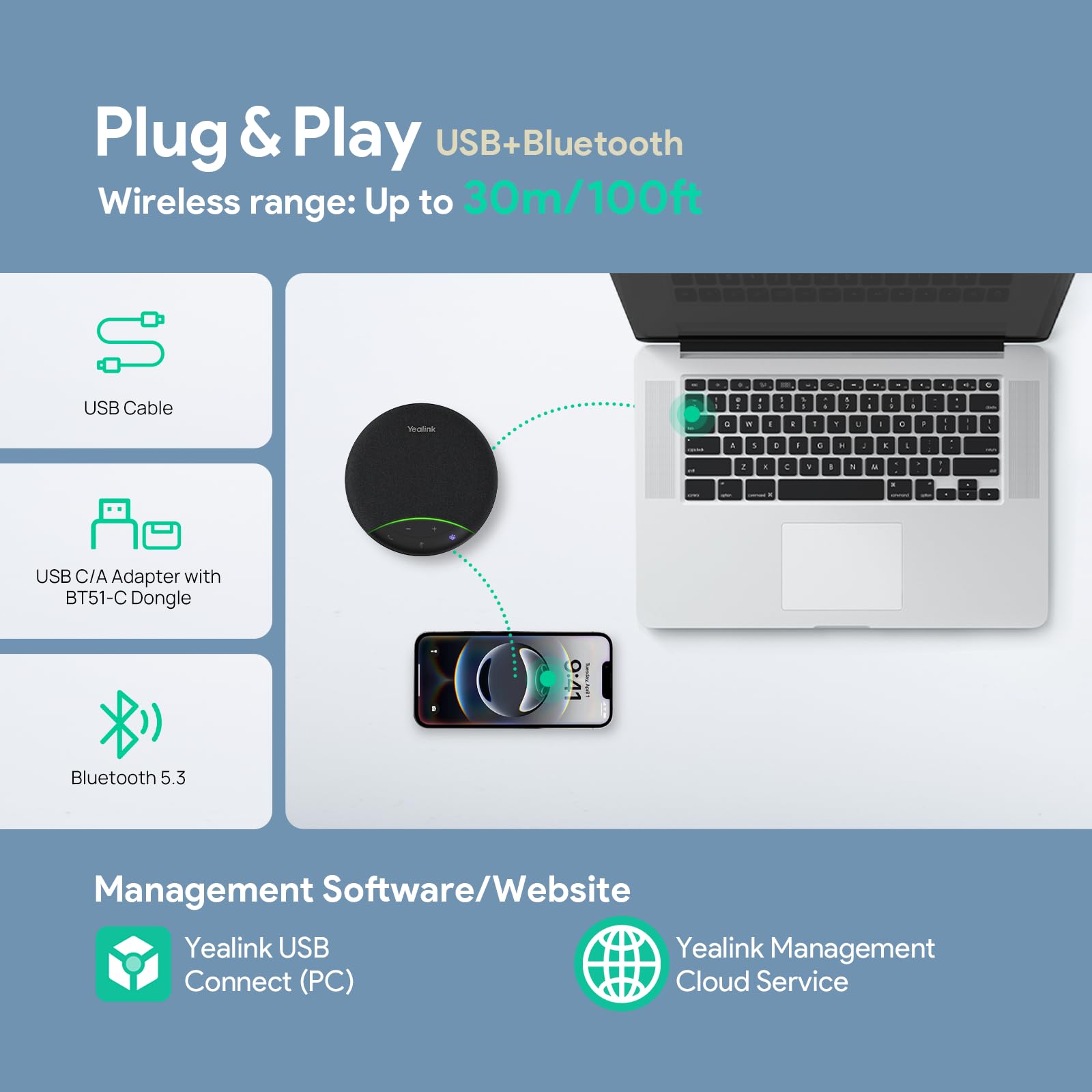 Yealink SP92 Altoparlante e microfono per conferenze da ufficio, altoparlante Bluetooth portatile con USB, microfono con cancellazione del rumore AI, 20 ore di chiamata, per piccole sale riunioni