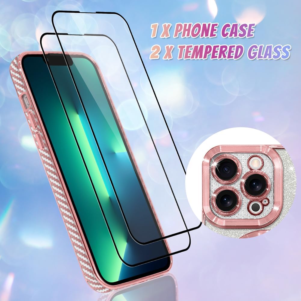Bonoma Compatible with iPhone 13 Pro Max Case Support for MagSafe, Plating Heart Glitter Magnetic Case 2* Screen Protector TPU Camera Protection Back Cover for Girls Women -Pink - Image 2