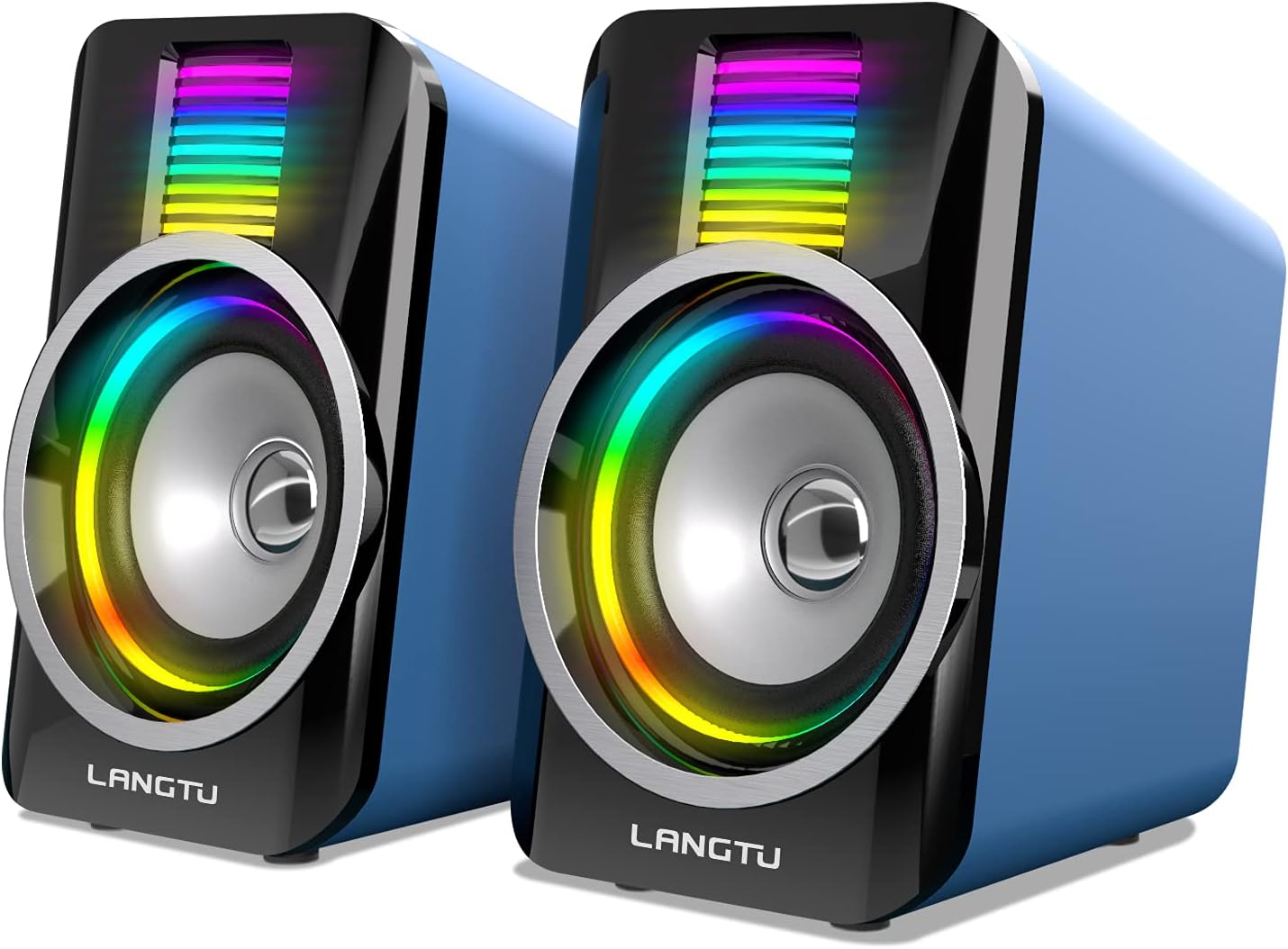 LANGTU Computer Speakers, RGB Light Gaming Speakers Channel 2.0 USB Powered Speakers with 3D Stereo, 3.5MM Audio Jack, Easy Volume Control for PC Laptop Tablet Smartphone (5Wx2) - Blue/Black