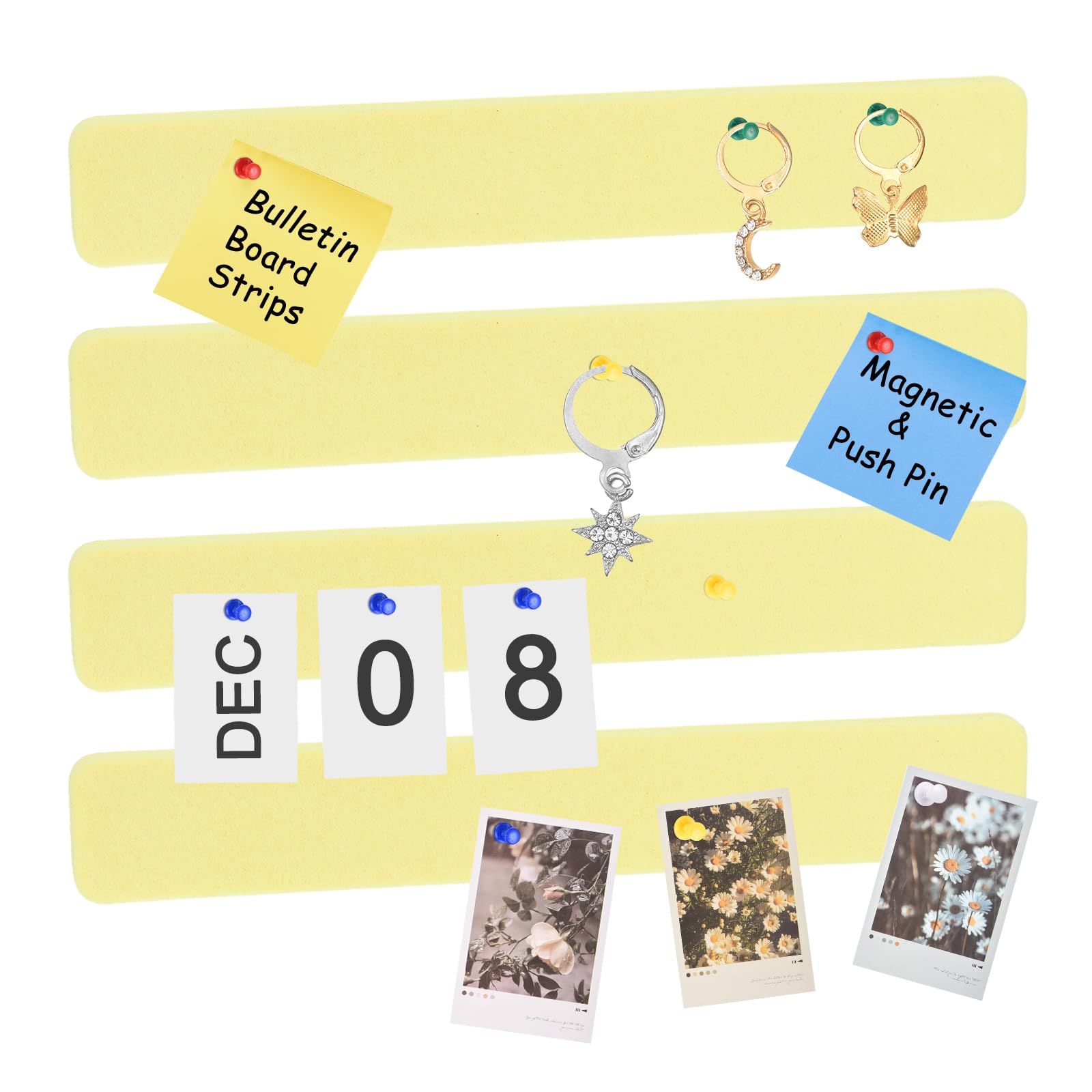 sourcing map 4Pcs Bulletin Board, Felt Pin Board Bar Strips Bulletin Board, Self-Adhesive Memo Notice Pin Cork Board with Pushpins for Paste Notes, Photos, Schedules, Light Yellow
