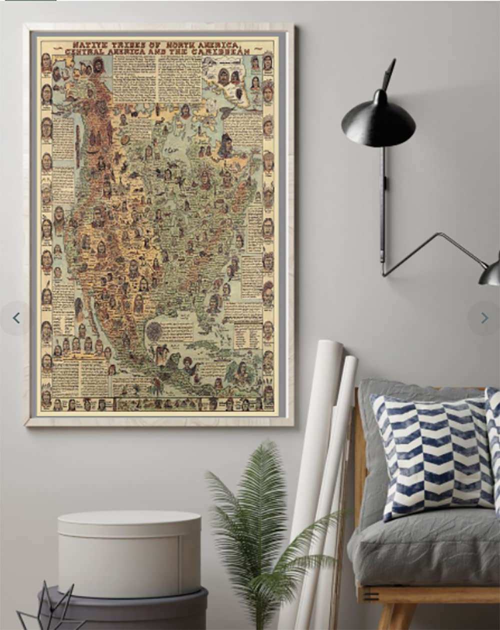 USA Native American Indian Tribes Map Poster, Pictorial Map Wall Poster, Indian People Map in America Vertical Poster and Canvas