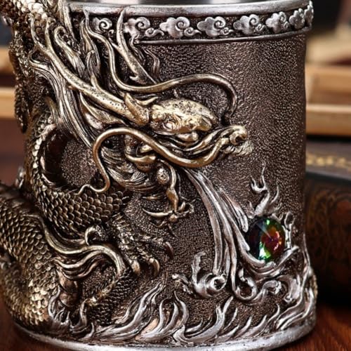 Jarra de cerveza medieval con relieve de dragón en acero inoxidable 4