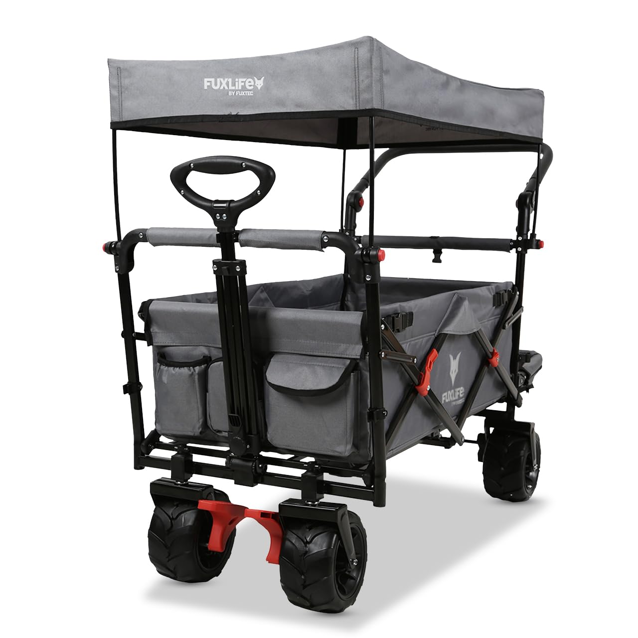 FUXLIFE Carrello da spiaggia FX-CTB800 Grigio - Carrello pieghevole per la spiaggia e il tempo libero - Interno imbottito - Tettuccio parasole - Ruote fuoristrada per sabbia e terreno