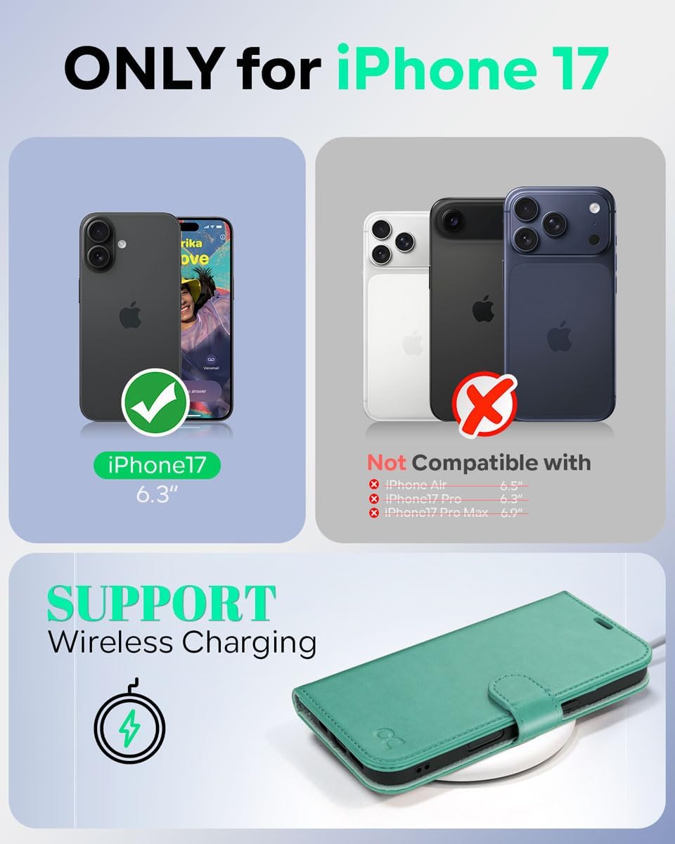 OCASE for iPhone 17 Wallet Case, PU Leather Flip Cover with Card Holder, RFID Blocking, Kickstand, Magnetic Closure, Protective Phone Case for iPhone 17 6.3-Inch 2025, Green
