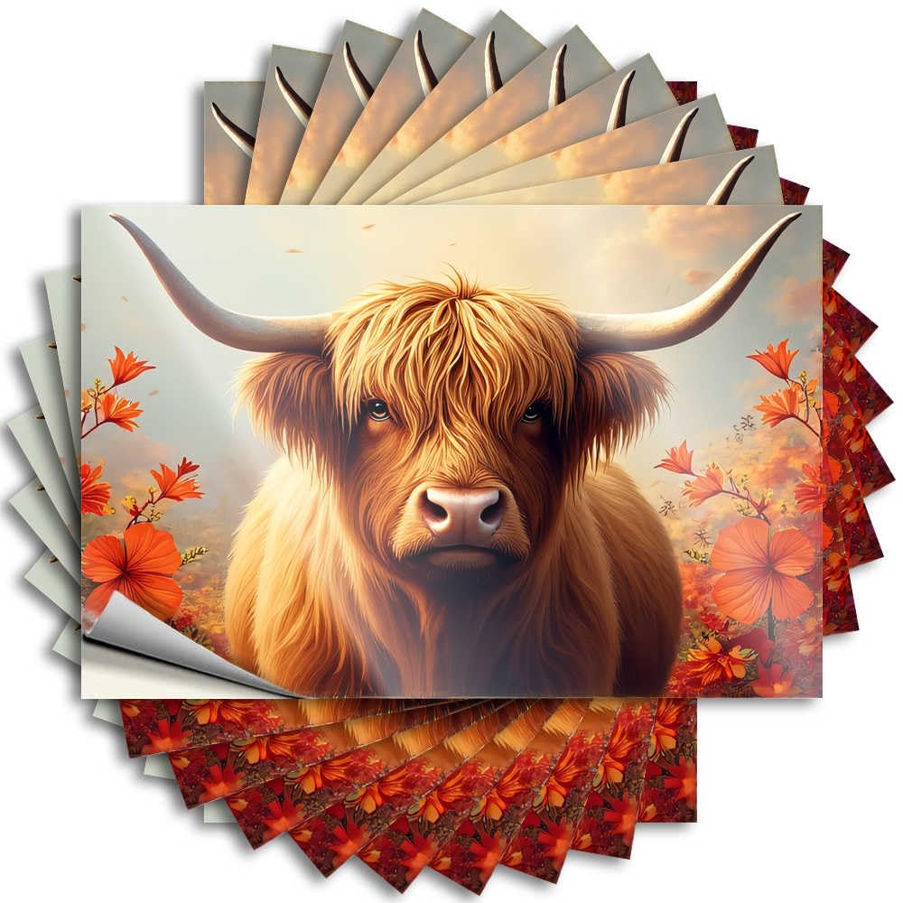 Unique, Tattoo Wall Highland Cow in Autumn Blossoms | Long Upgrades(12X18CM)