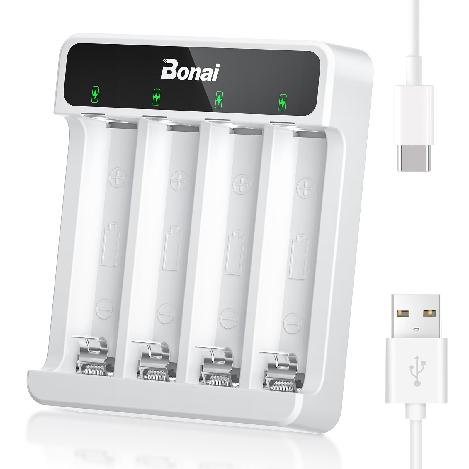 BONAI Rechargeable AA Batteries with Smart Charger Kit: 8 Pack 2800mAh High Capacity Ni-MH Double A Batteries with 4-Bay USB Fast Charger (Type-C Input, Low Self-Discharge)