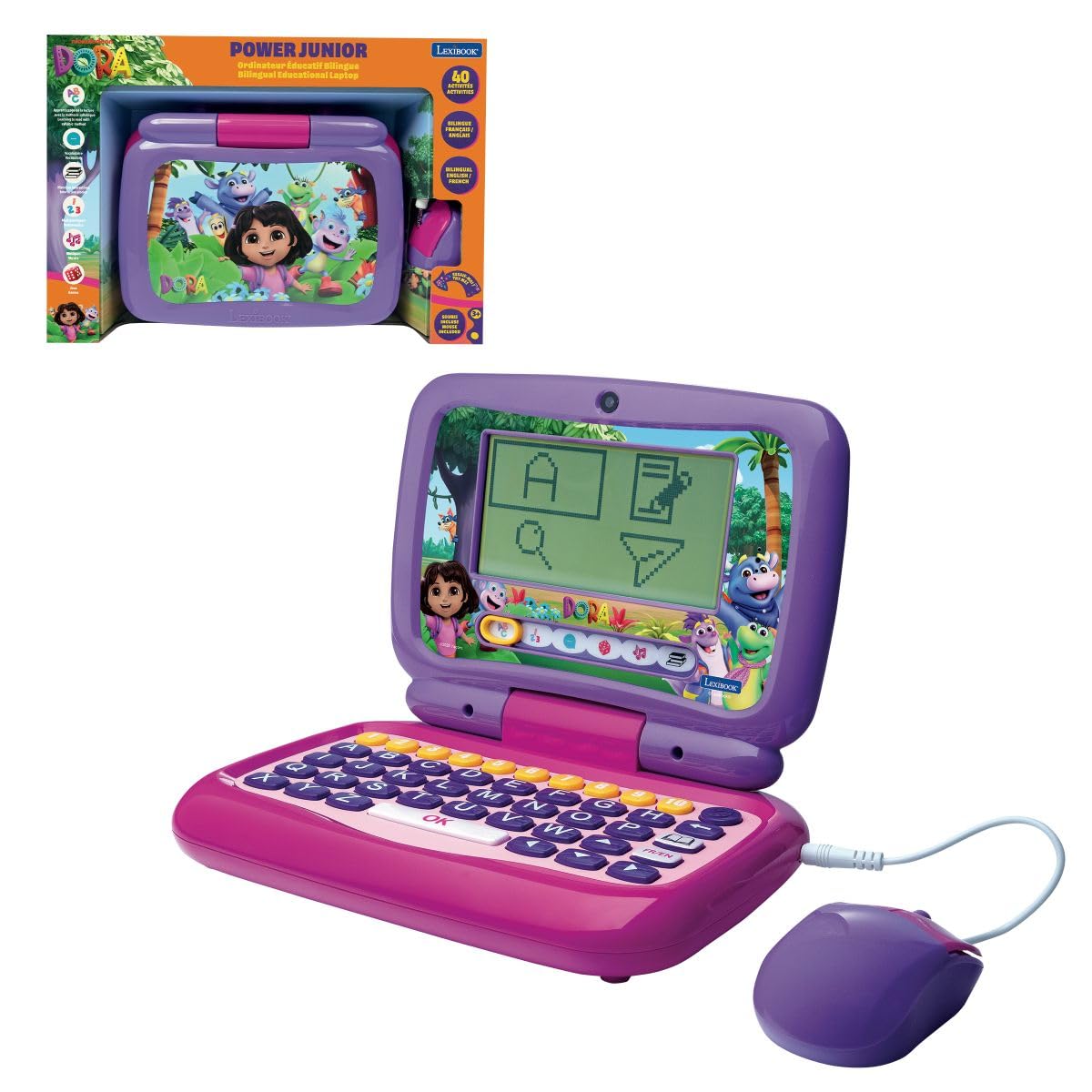 Lexibook, Power Kid® dwujęzyczny laptop edukacyjny Dora - 40 działań w języku francuskim i angielskim, różowy, JC398DORi1LXB