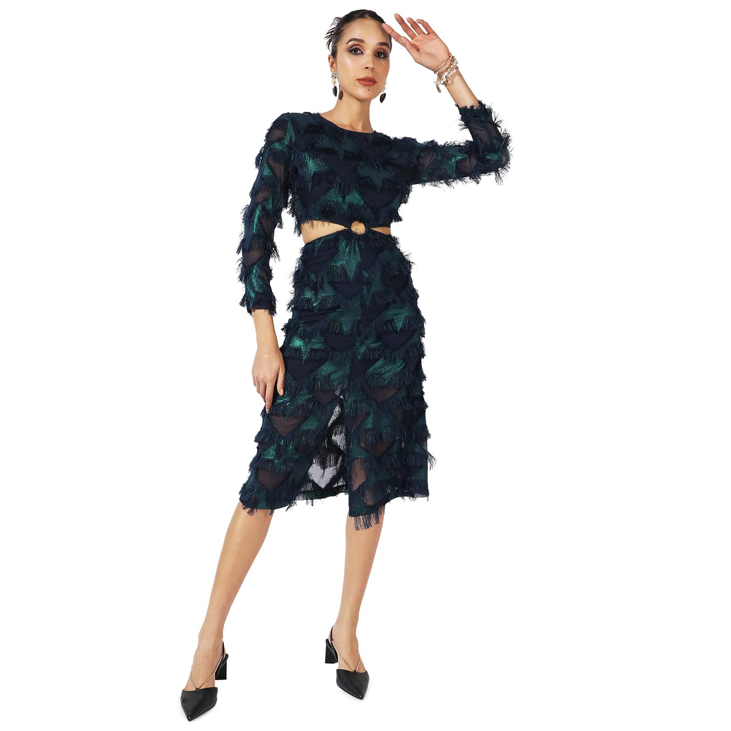 Campus Sutra Women's Green & Blue Cutout Fringe Dress For Casual Wear | Long Sleeve | Midi Length | Dress Crafted With Comfort Fit And High Performance For Everyday Wear