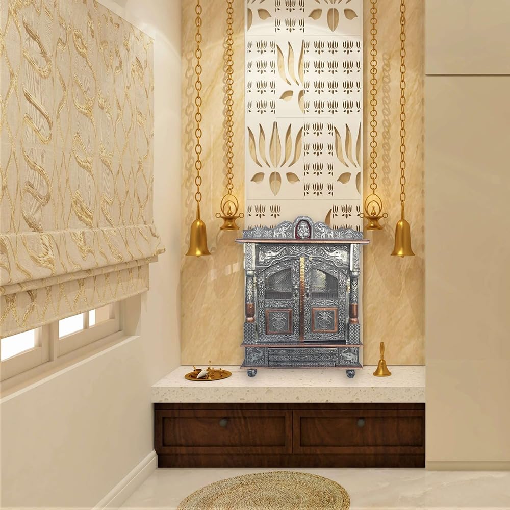 Handicrafts Home Temple | Pooja Mandir do domu, stojak boga do domu, stojak Pooja | mandir do biura | mandir do domu, montowany na ścianie, duży, świątynia do domu, mandir 23 x 45 cm, srebrny