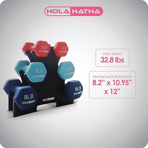 Miniatura 3 de HolaHatha - Juego de mancuernas de neopreno y estante para entrenamiento en casa, 32 lb, azulrojo
