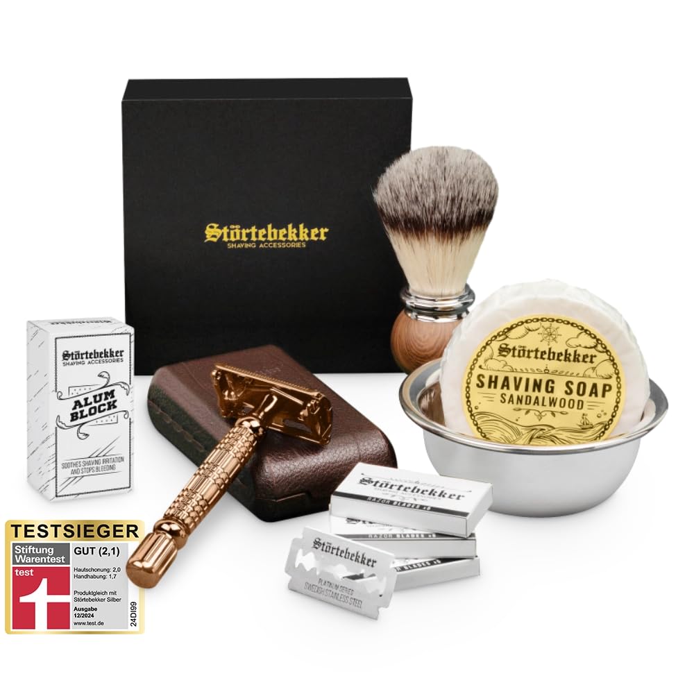 Störtebekker® zestaw maszynki do golenia premium dla mężczyzn w ręcznie wykonanym skórzanym etui – z pędzlem do golenia, miską do golenia ze stali nierdzewnej, mydłem do golenia, kamieniem ałunowym i