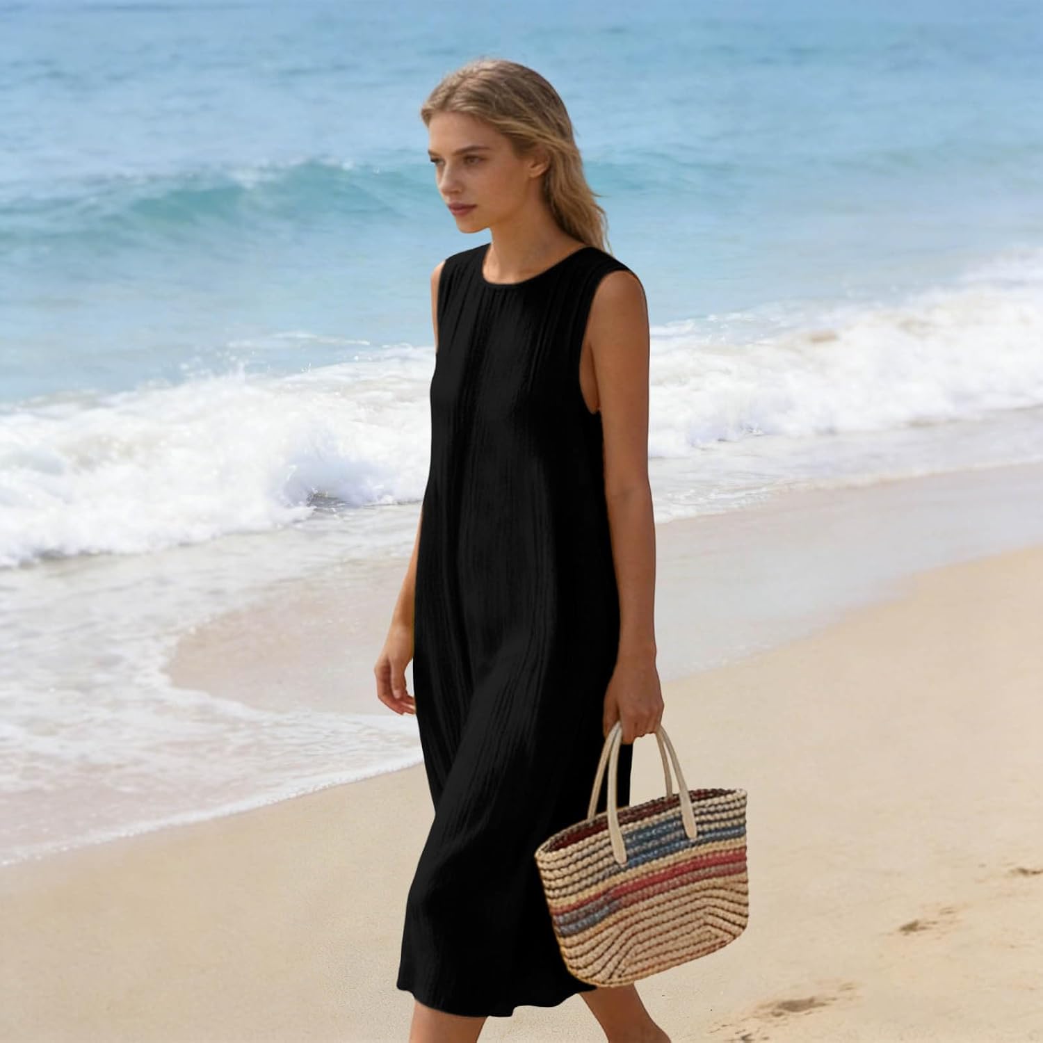 Cotton Linen Midi Dress for Women Round Neck Loose Fit Flowy Dresses Lightweight Summer Casual Lounge Dress