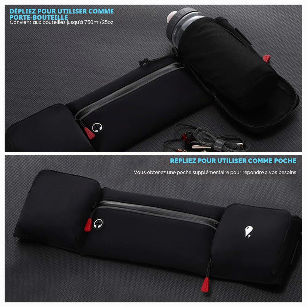 Sac Banane Sport Running Ceinture de Course avec Porte-Bouteille Pliable (Bouteilles Non incluses), Pas de Rebond, Grande Poche résistant à l'eau, Support de téléphone pour Homme et Femme