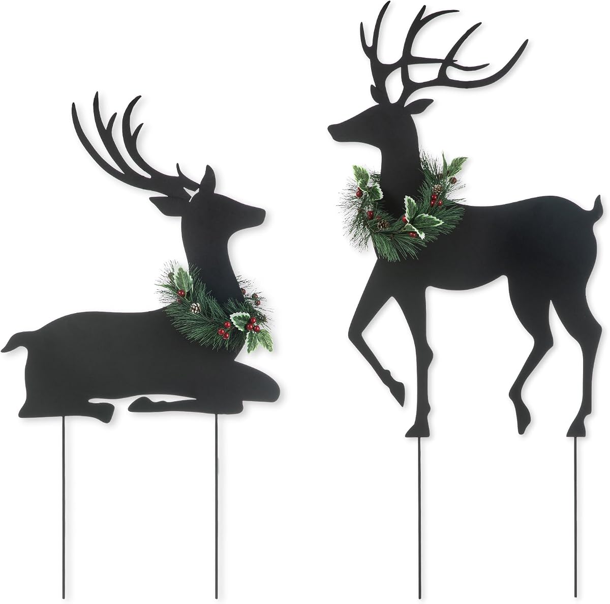 Glitzhome Juego de 2 letreros de metal con silueta de renos para patio con estaca, 42 pulgadas de alto, decoración navideña para colgar en la pared, decoración para jardín, hogar, césped, camino, pasarela