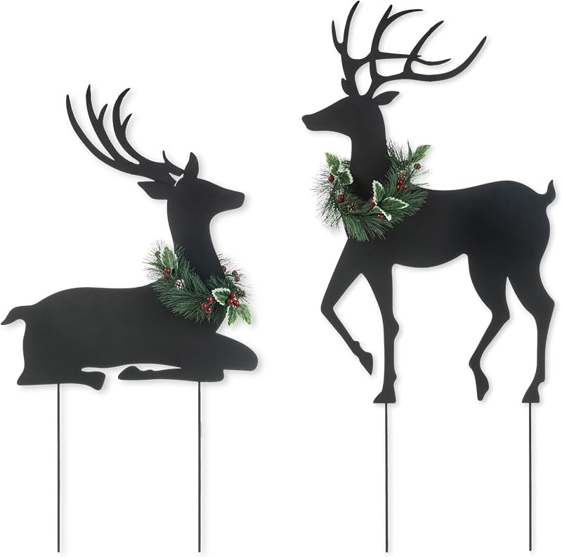 Glitzhome Juego de 2 letreros de metal con silueta de renos para patio con estaca, 42 pulgadas de alto, decoración navideña para colgar en la pared, decoración para jardín, hogar, césped, camino, pasarela