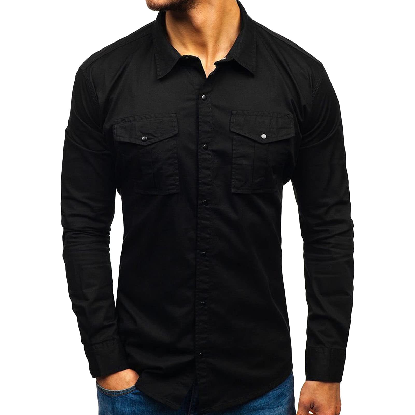 Men Long Sleeve Hiking Shirts Lightweight Tactical Button Down Cargo Shirt Solid Color Slim Fit Shirt with Pockets (Black,Large)