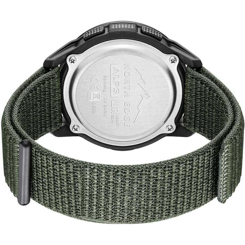 Geri view of the North Edge ALPS watch, showing the stainless steel case back with model and battery information.
