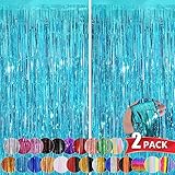Light Blue Metallic Tinsel Foil Fringe Curtains, 2 Pack 3.3x8.3 Feet Streamer Backdrop Curtains for Birthday Party Decorations, Halloween Decor, Foil Curtain Backdrop for Bachelorette Party
