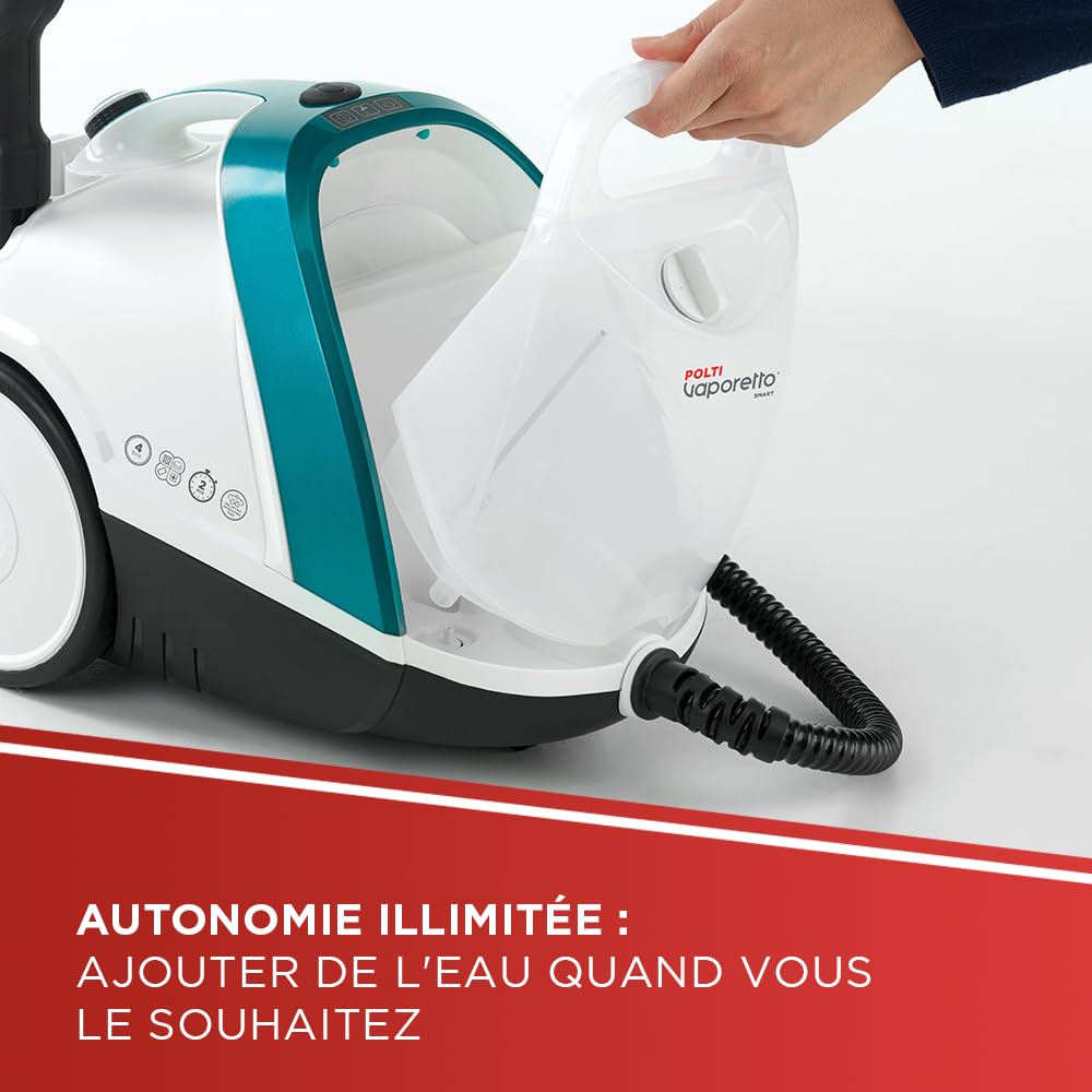 Polti Vaporetto Smart 100 T, Nettoyeur Vapeur avec Chaudière Haute Pression 4 Bars, Autonomie Illimitée et Recharge Continue, 9 Accessoires Inclus, Blanc et Turquoise