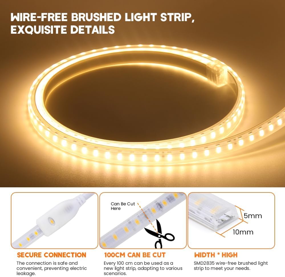 KISUFU 220V Tiras LED,COB SMD 2835 120 LEDs/m,Cada Corte de 1m,IP65 Impermeable,LED Cocina Lights para Escalera de Techo Blancas Tira, gabinete, armario y más, cocina.50M,Blanco cálido