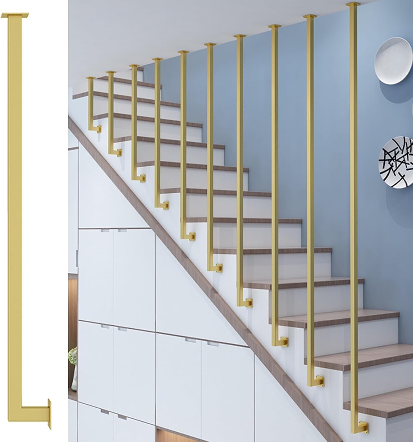 Metal Staircase Balustrade Posts & Spindles - 7.7ft Black Square Banister Columns for Hallways Foyer Attic Decks - Decorative Pillars & Safety Barrier H,Gold(1 Pack)-H-0.6m/2ft
