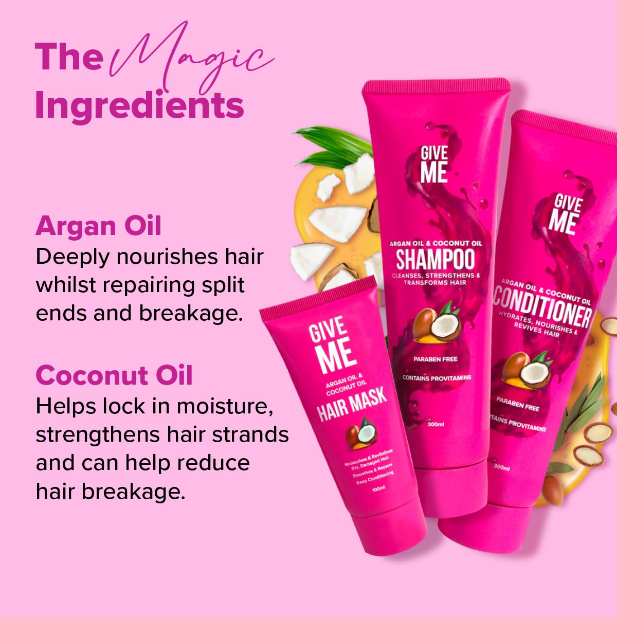 Give Me Cosmetics, Shampoo and Conditioner Sets, with Hair Mask, Coconut & Argan Oil, for Dry Damaged Paraben Free - Image 4