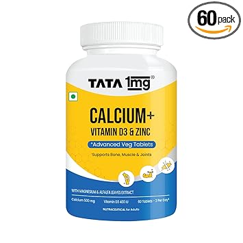 TATA 1mg Veg Calcium & Vitamin D3 supplement with Zinc, Magnesium & Alfalfa | High absorption Calcium Citrate Malate form | 500mg Calcium & 400IU Vitamin D3 | For strong bones & joints | 60 veg tablets - image, photos